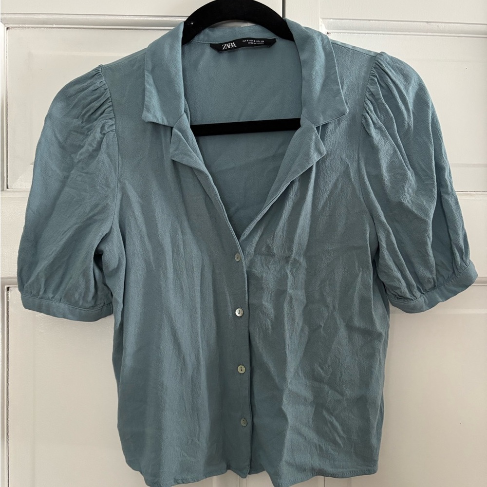 Zara Teal Puff Sleeve Blouse